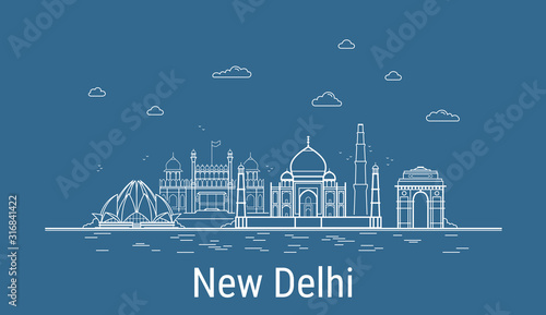 New Delhi city, Line Art Vector illustration with all famous buildings. Linear Banner with Showplace. Composition of Modern cityscape. New Delhi buildings set. photo