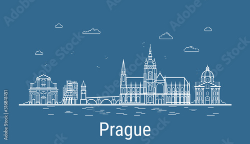 Prague city, Line Art Vector illustration with all famous buildings. Linear Banner with Showplace. Composition of Modern cityscape. Prague buildings set.