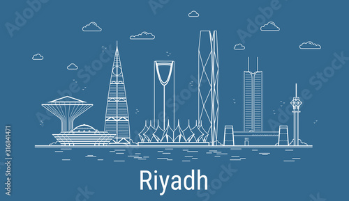 Riyadh city, Line Art Vector illustration with all famous towers. Linear Banner with Showplace. Composition of Modern buildings, Cityscape. Riyadh buildings set.