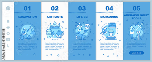 Archeology onboarding mobile web pages vector template. Historical research. Responsive smartphone website interface idea with linear illustrations. Webpage walkthrough step screens. Color concept