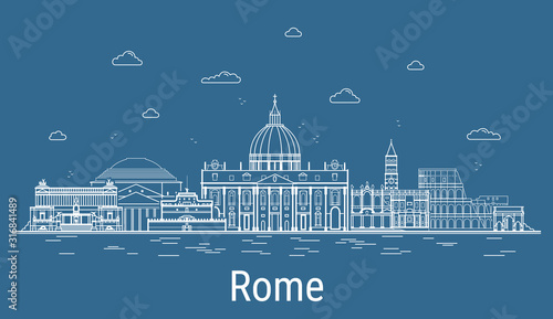 Rome city, Line Art Vector illustration with all famous buildings. Linear Banner with Showplace, Skyscrapers and hotels. Composition of Modern buildings, Cityscape. Rome buildings set.