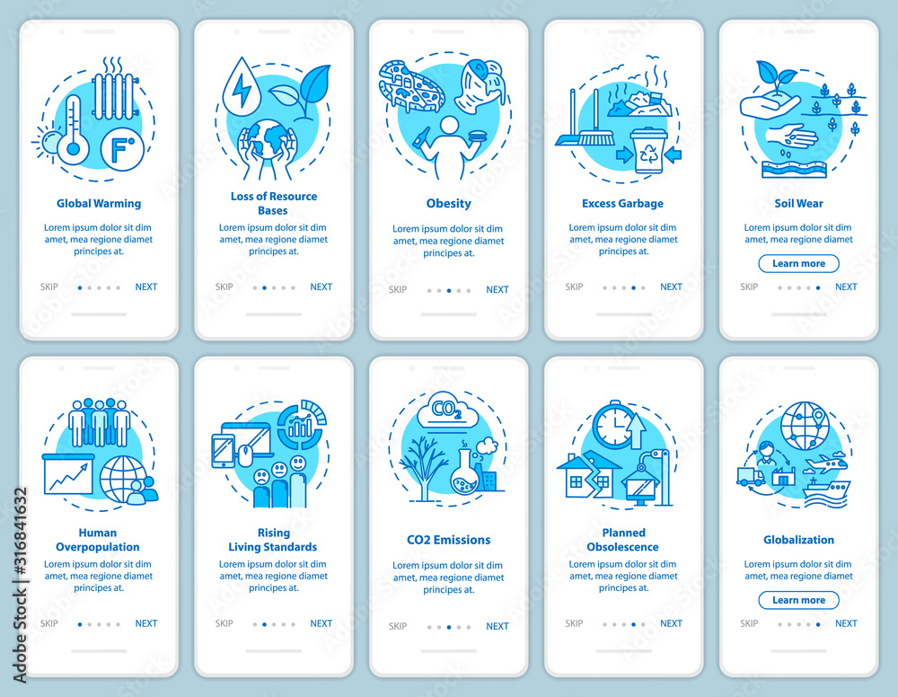 Fotografie Overconsumption onboarding mobile app page screen with concepts