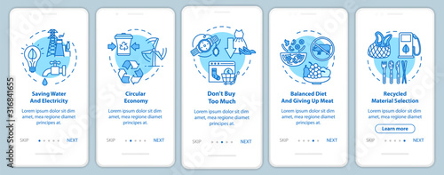 Responsible consumption onboarding mobile app page screen with concepts. Recycle, ecology. Consumerism walkthrough 5 steps graphic instructions. UI vector template with RGB color illustrations