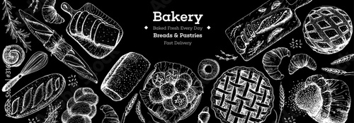 Bakery background. Bakery top view frame. Hand drawn sketch with bread, pastry, sweet. Bakery set vector illustration. Background design template . Engraved food image. Black and white package design.