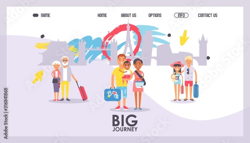 Travel agency website design, vector illustration. Landing page template, flat style cartoon characters, family with children on big journey, couple on vacation trip. Happy people traveling together