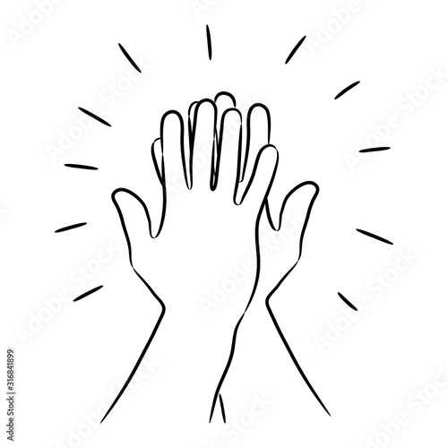 Informal greeting, two hands giving a high five, team result, friendly partners from the contour black brush lines different thickness on white background. Vector illustration.