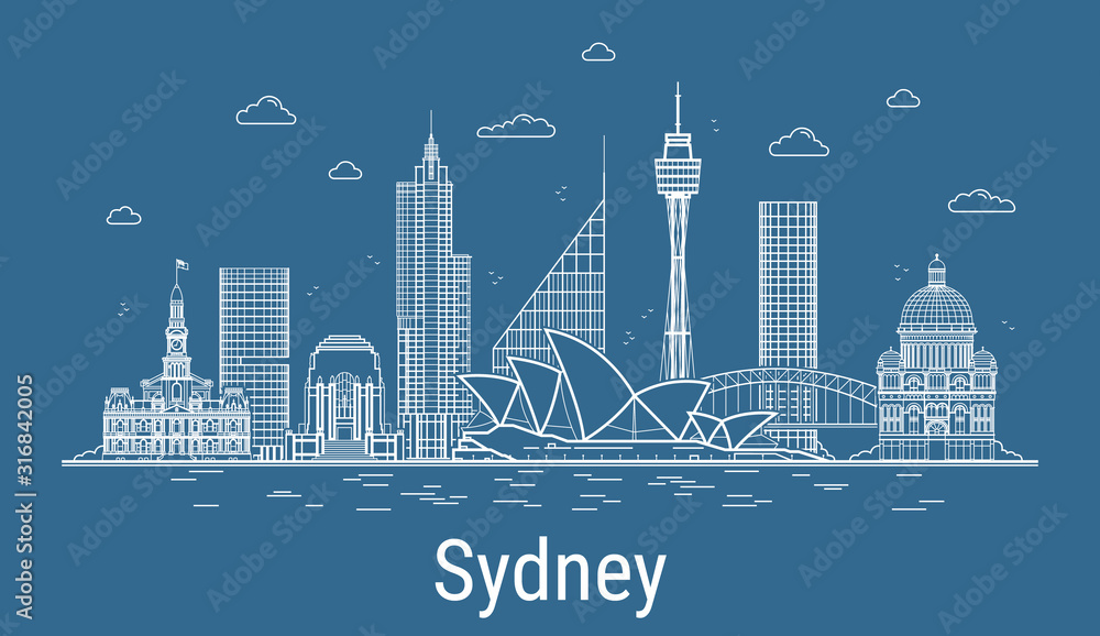 Naklejka premium Sydney City, Line Art Vector ilustracji ze wszystkimi słynnymi wieżami. Linearny baner z showplace, wieżowcami i hotelami. Kompozycja nowoczesnych budynków, pejzaż miejski. Zestaw budynków Sydney.