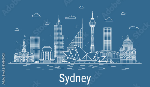 Sydney city, Line Art Vector illustration with all famous towers. Linear Banner with Showplace, Skyscrapers and hotels. Composition of Modern buildings, Cityscape. Sydney buildings set.
