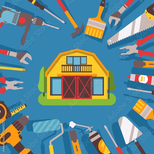 Home repair tools advertisement, vector illustration. House maintenance service company promotion, hardware store booklet cover. Building and renovation tools and instruments around flat style house