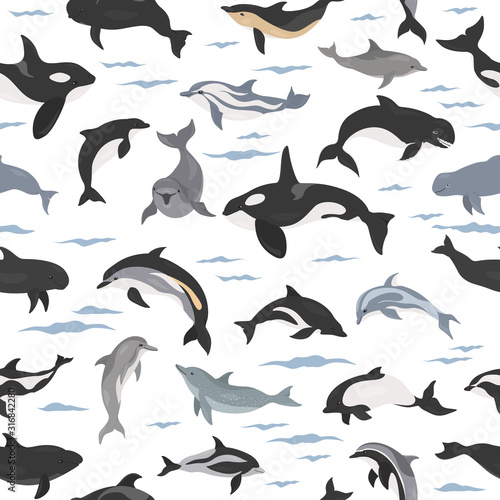 Dolphins seamless pattern. Marine mammals collection. Cartoon flat style design