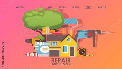 House repair service website design, vector illustration. Landing page template, building renovation company, home maintenance tools. Professional equipment for house repair, hardware store instrument