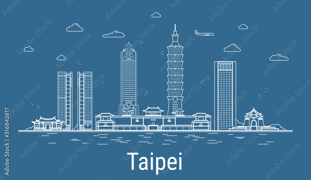 Naklejka premium Taipei city, Line Art Vector ilustracji ze wszystkimi słynnymi wieżami. Linearny baner z Showplace. Kompozycja nowoczesnych budynków, pejzaż miejski. Zestaw budynków Taipei.