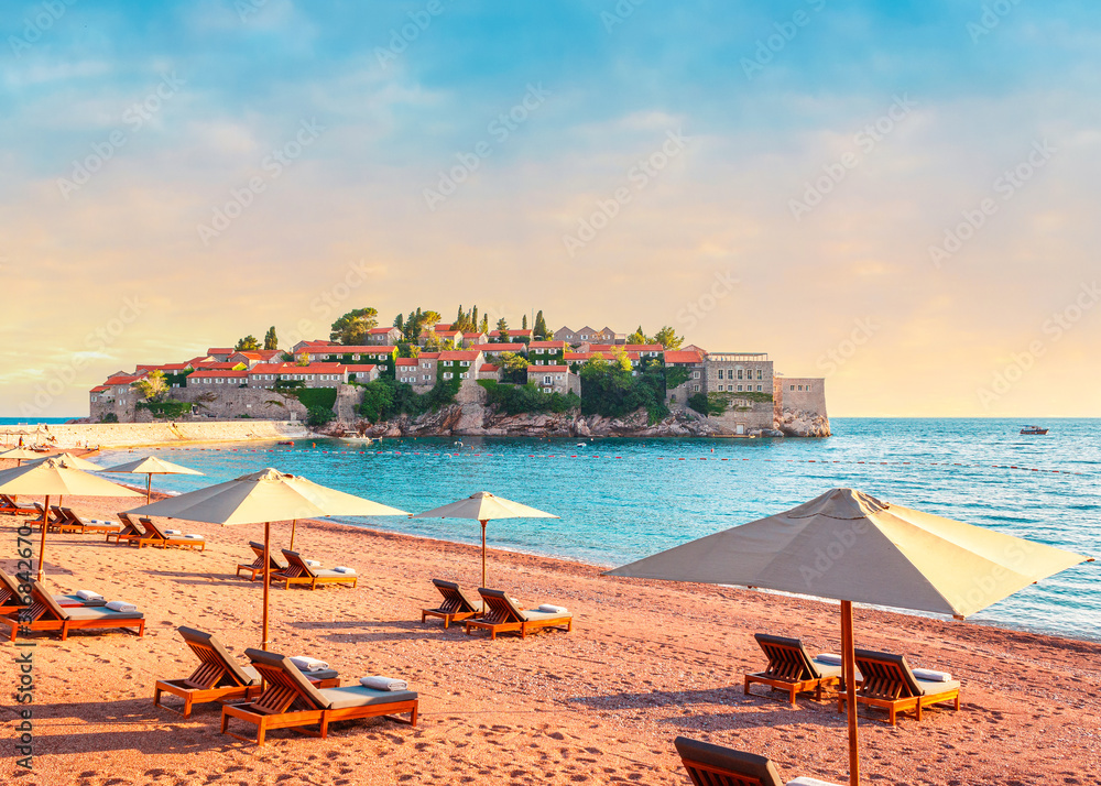 Picturesque summer view to the Sveti Stefan island with private beach ...