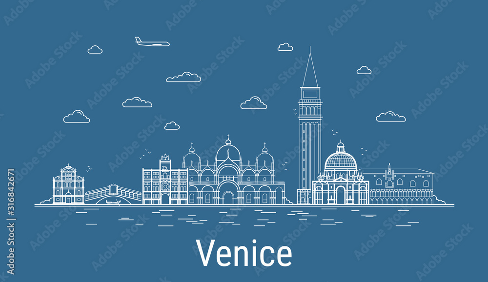 Venice city, Line Art Vector illustration with all famous buildings. Linear Banner with Showplace. Composition of Modern cityscape. Venice buildings set.