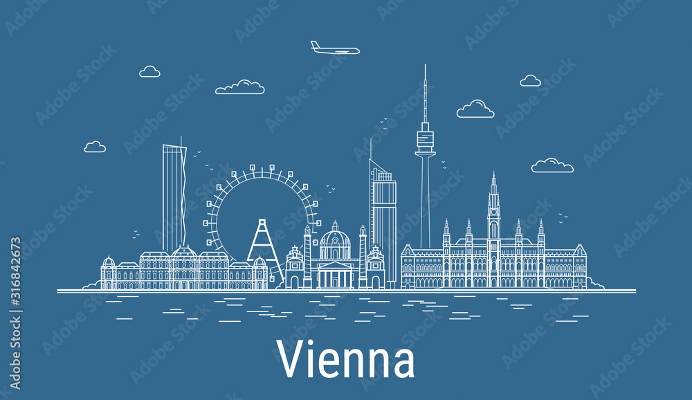 Naklejka Vienna city, Line Art Vector illustration with all famous buildings. Linear Banner with Showplace. Composition of Modern buildings, Cityscape. Vienna buildings set.