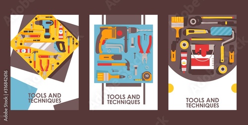 Tools for home repair, set of banners, vector illustration. Equipment icons in flat style. Building, reconstruction and maintenance tools. Hardware store booklet cover, repair service brochure design