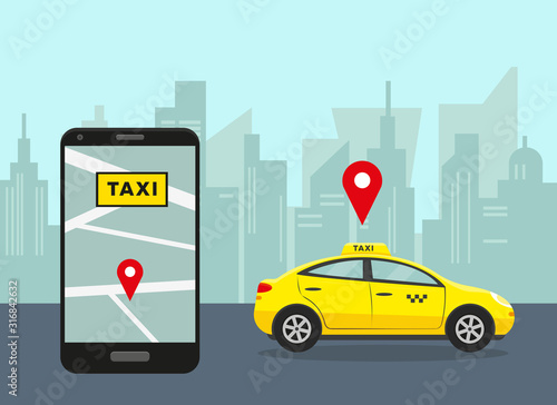 Yellow car in city and smartphone with taxi mobile app.