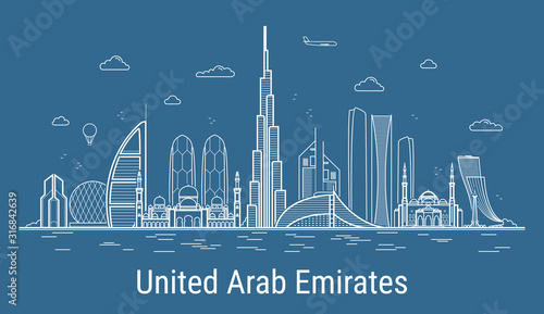 Modern United Arab Emirates line art Vector illustration with all famous buildings. Skyline. photo