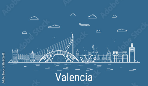 Valencia city, Line Art Vector illustration with all famous buildings. Linear Banner with Showplace. Composition of Modern cityscape. Valencia buildings set.