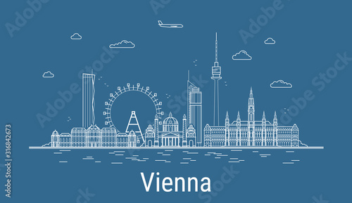 Vienna city, Line Art Vector illustration with all famous buildings. Linear Banner with Showplace. Composition of Modern buildings, Cityscape. Vienna buildings set.