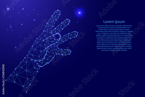 Hand try to reach something from futuristic polygonal blue lines and glowing stars for banner, poster, greeting card. Vector illustration.