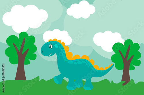 Cute cartoon dino in flat style outdoors.