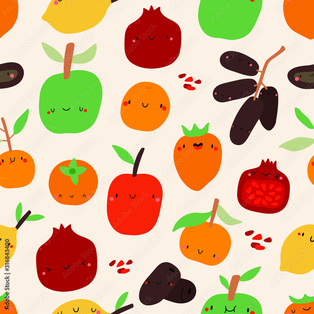 Funny and cute Winter Fruits seamless vector pattern. Food background with seasonal fruits in cartoon style. Funny and cute Winter Fruits seamless vector pattern. Food background with seasonal fruits in cartoon style.
