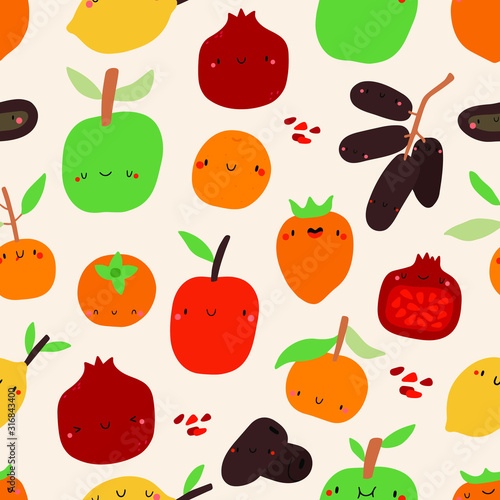 Fototapeta Naklejka Na Ścianę i Meble -  Funny and cute Winter Fruits seamless vector pattern. Food background with seasonal fruits in cartoon style. 