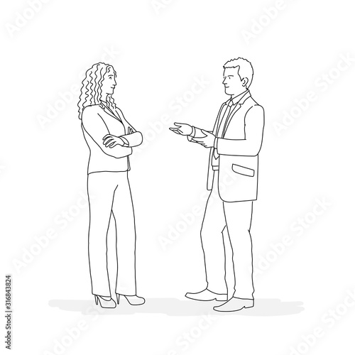 Man and woman are talking. Line drawing vector illustration.