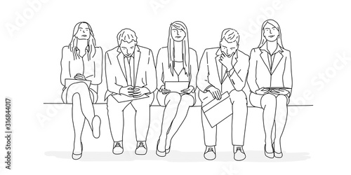 Group of people are waiting. Line drawing vector illustration.