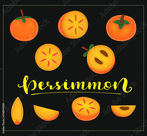 Persimmon. Whole and pieces. Vector stock illustration. Colored fruit set  isolated on black background. Lettering.