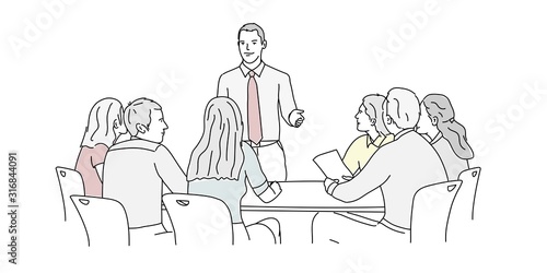 Group of business people working and communicating. Hand drawn vector illustration.