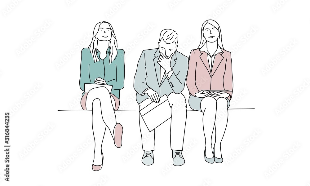 Group of people are waiting. Hand drawn vector illustration of business people.