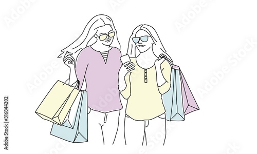 Girls with bags reading the message. Hand drawn vector illustration.