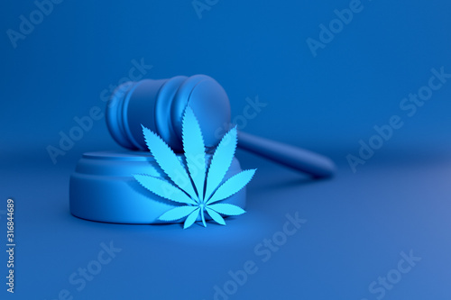 A cannabis leaf lies next to the judge's hammer, the concept of legalizing or banning marijuana, an abstract blue background, tinted.3D rendering.
