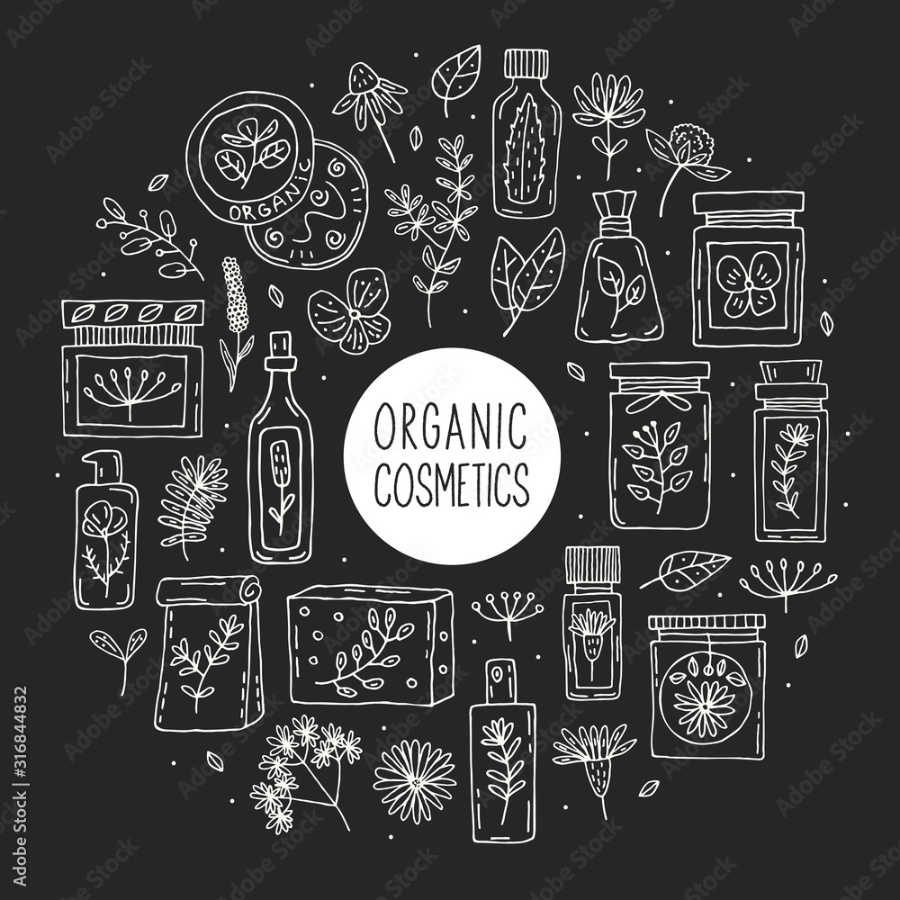 Natural organic cosmetics with plants  doodle vector clipart, set of elements. Isolated on dark background. Herbs. Organic ingredients. Eco friendly, vegan cosmetics. Vegan. Sticker, icon.