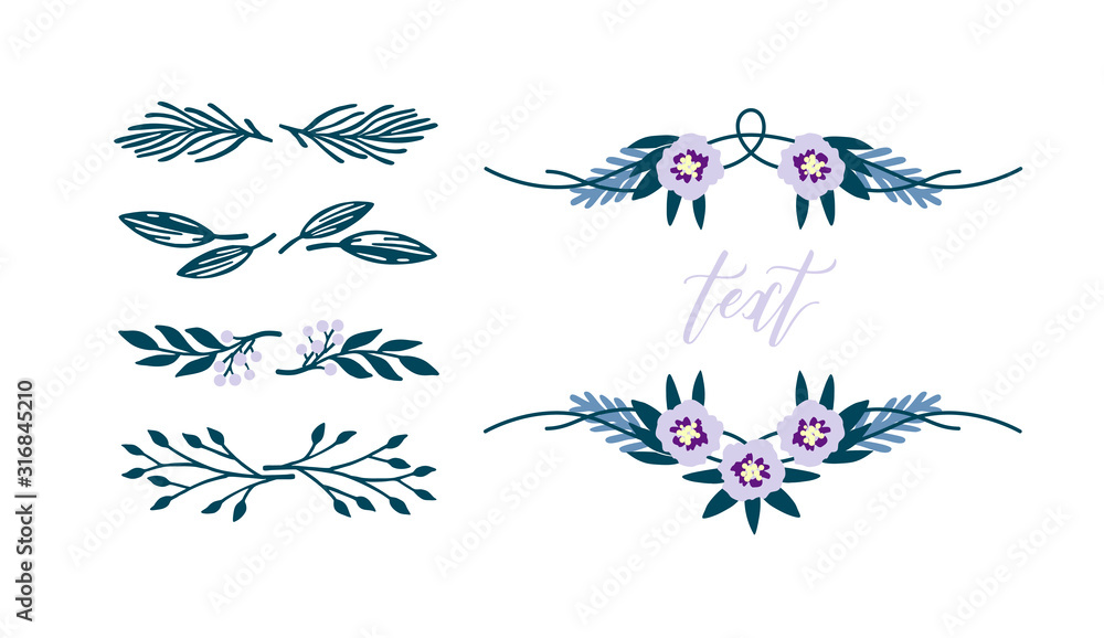 Set of floral ornament elements for wedding invitation, card, letter etc.