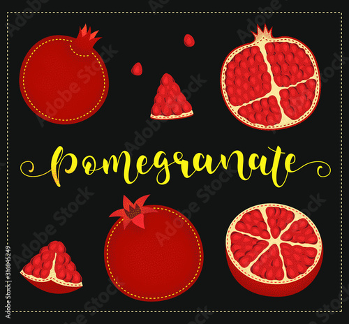 Pomegranate. Whole and pieces. Vector stock illustration. Colored fruit set  isolated on black background. Lettering.