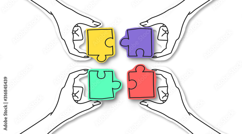 Four hands connecting colorful puzzles over white - obrazy, fototapety, plakaty 