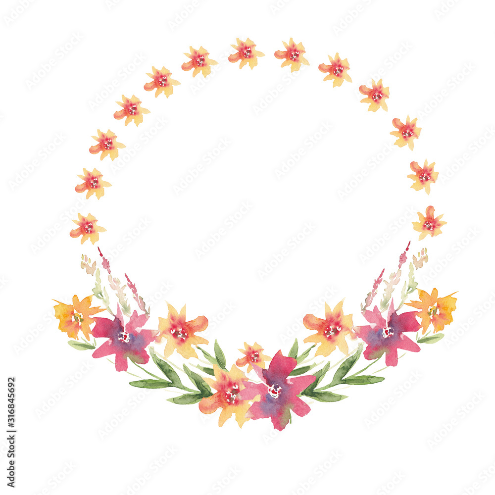 Frame of watercolor flowers on a white background. Use for wedding invitations, birthdays, menus and decorations. Frame of watercolor flowers on a white background. Use for wedding invitations, birthdays, menus and decorations.