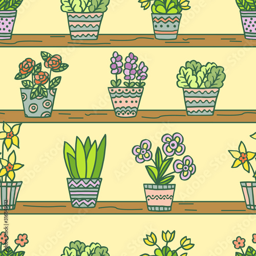 Seamless pattern with hand-drawn multicolored potted flowers on wooden shelves on a yellow background