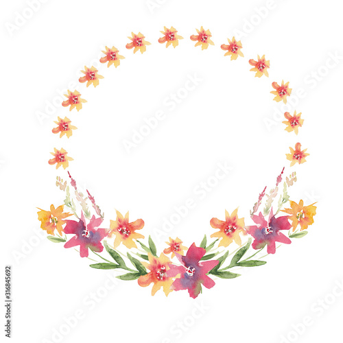 Frame of watercolor flowers on a white background. Use for wedding invitations, birthdays, menus and decorations.