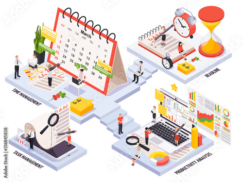 Isometric Time Management Planning Schedule Icon Set