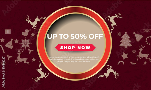 Salle background with christmas toys,trees and deers. Red  background. Vector illustration