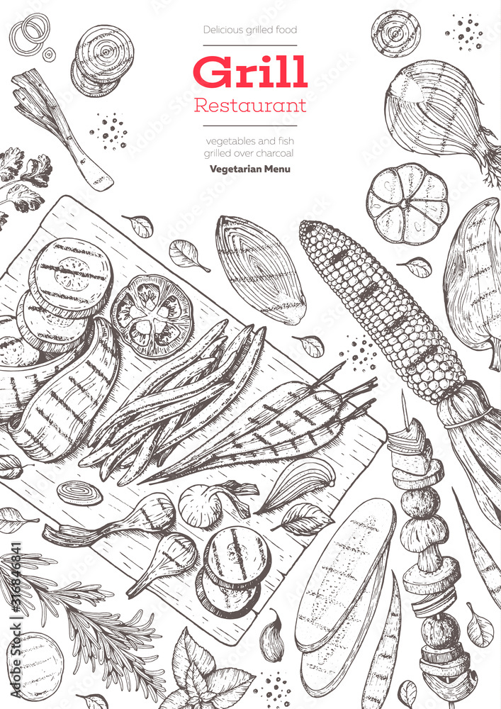 Obraz premium Grilled meat and vegetables top view frame. Vector illustration. Engraved design. Hand drawn illustration. Grill restaurant menu design template. Food on the grill.