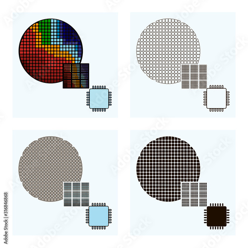 Set of abstract  line art vector industry icons featuring electronics or semiconductor circuits manufacturing or  fab production process with semiconductor  wafer, printed circuits, microchips. 