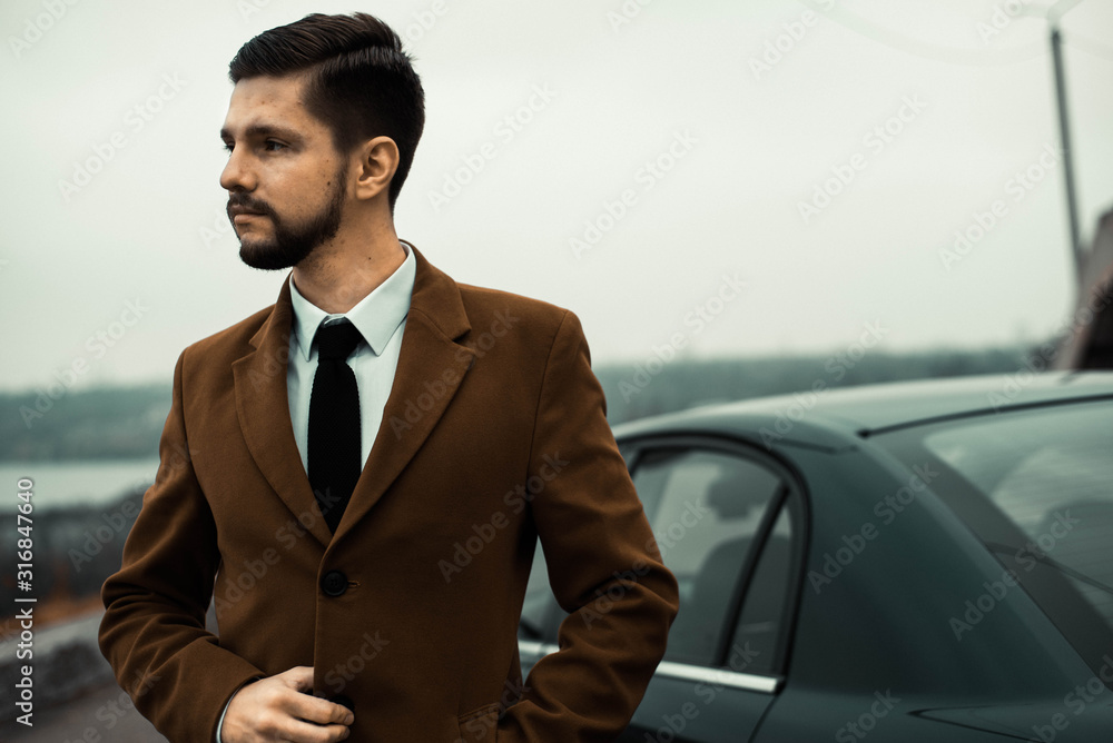 Portrait of a young bearded businessman of thirty years old. In a business style, stands at the company car, looking to the side. Against the sky. In creative tinting Portrait of a young bearded businessman of thirty years old. In a business style, stands at the company car, looking to the side. Against the sky. In creative tinting