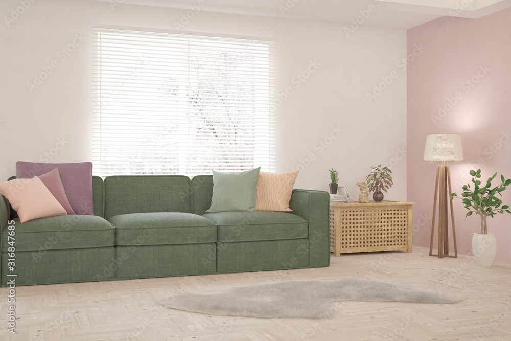 Fototapeta premium Stylish room in white color with sofa. Scandinavian interior design. 3D illustration