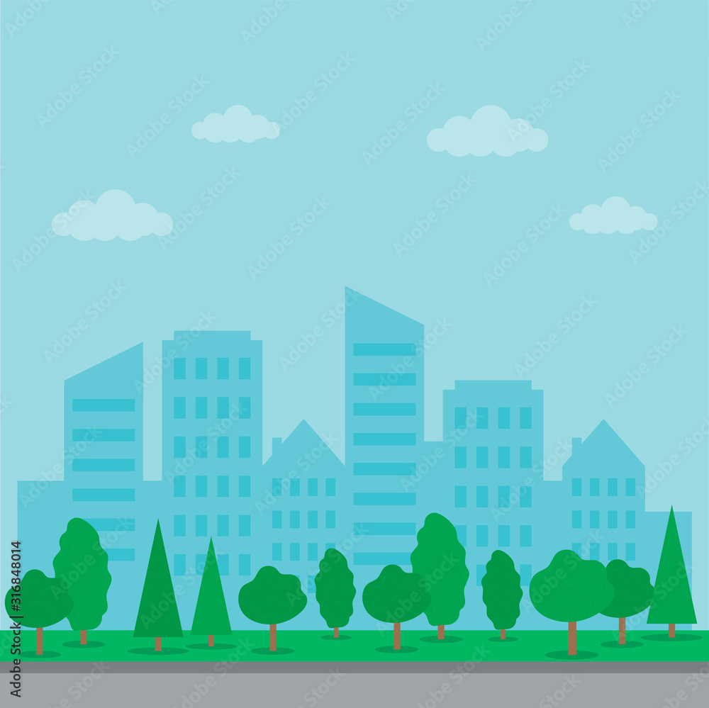 Modern View of Urban City Landscape With Green Trees. Set of buildings. Flat Style. Vector Illustration