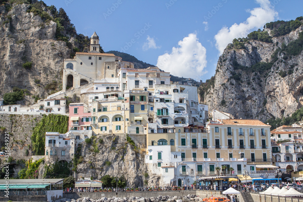 Panoramic view of the houses in Amalfi city, Italy